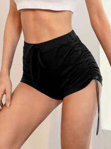 SHEIN EZwear Ruched Knot Side Shorts - Black - View 1