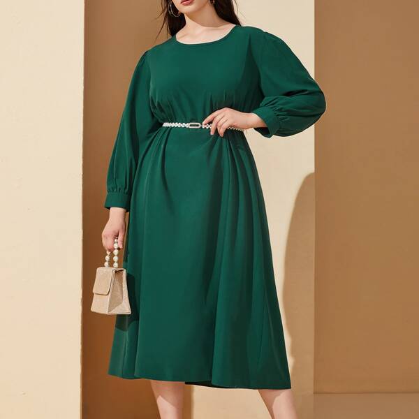 

Plus Solid Belted A-line Dress, Dark green