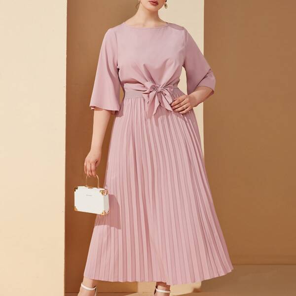 

Plus Solid Knot Hem Top & Pleated Skirt, Dusty pink