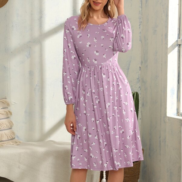 

Ditsy Floral Print Bishop Sleeve Tie Back Dress, Lilac purple