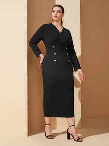 Vestido ajustado con botones de cuello cruzado - Negro - Ver 3