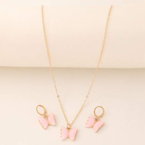 

3pcs Girls Butterfly Decor Jewelry Set, Pink