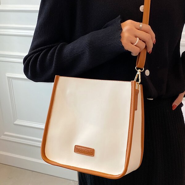 

Letter Patch Contrast Binding Square Bag, Beige