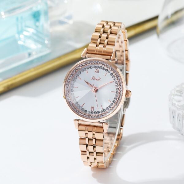 

Rhinestone Decor Round Pointer Quartz Watch