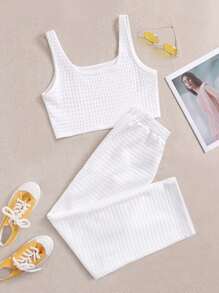 Top tank con textura unicolor con pantalones - Blanco - Ver 1
