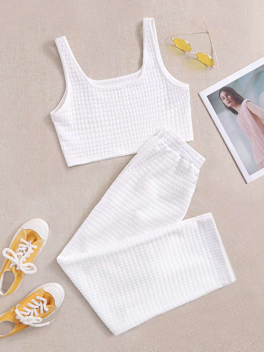 Top tank con textura unicolor con pantalones - Blanco - Ver 1