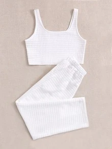 Top tank con textura unicolor con pantalones - Blanco - Ver 2