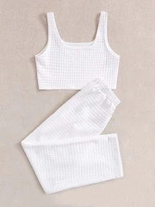 Top tank con textura unicolor con pantalones - Blanco - Ver 4