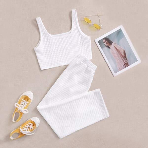

Solid Textured Tank Top & Pants, White