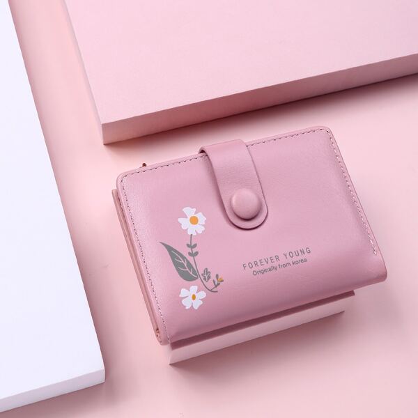 

Floral & Letter Graphic Small Wallet, Pink