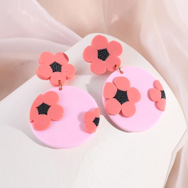 

Girls Flower Decor Drop Earrings, Pink
