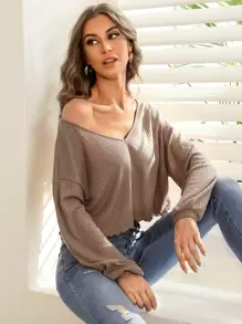 SHEIN Essnce Lettuce Trim Drop Shoulder Rib-knit Tee - Mocha Brown - View 4