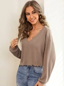 SHEIN Essnce Lettuce Trim Drop Shoulder Rib-knit Tee - Mocha Brown - View 3