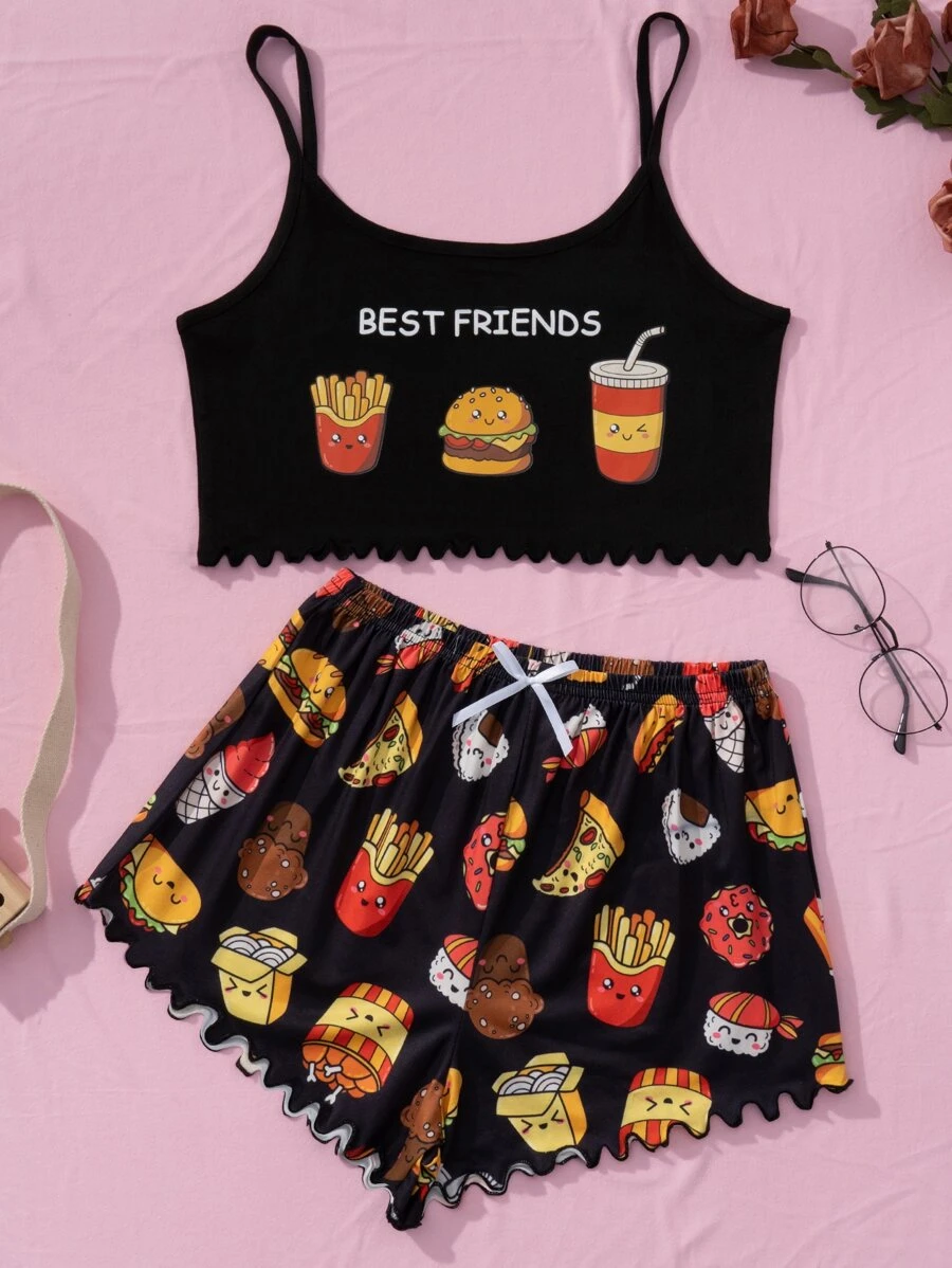 Letter & Cartoon Graphic PJ Set / Pajama Set - Black - View 1