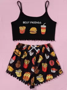 Letter & Cartoon Graphic PJ Set / Pajama Set - Black - View 3