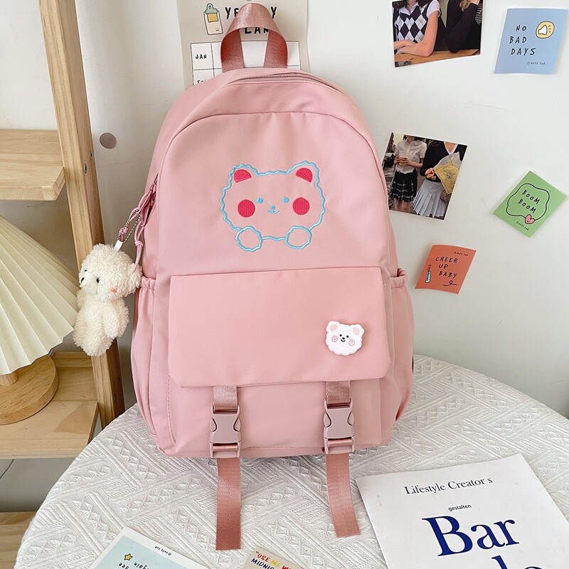 

Buckle Decor Cartoon Print Backpack With Cartoon Charm, Pink
