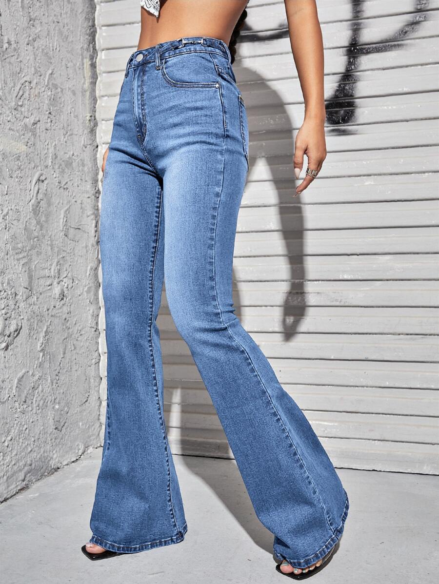 SHEIN ICON Slant Pocket Flare Leg Jeans - Medium Wash - View 1