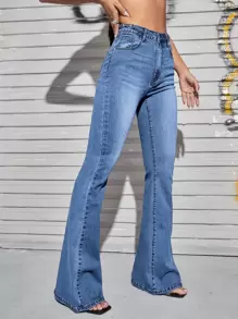 SHEIN ICON Slant Pocket Flare Leg Jeans - Medium Wash - View 4