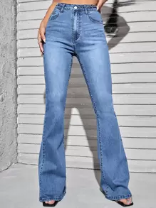 SHEIN ICON Slant Pocket Flare Leg Jeans - Medium Wash - View 5