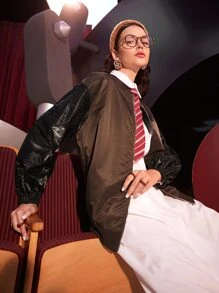 Seusyu Letter Graphic Drop Shoulder Zipper Bomber Jacket - Multicolor - View 1