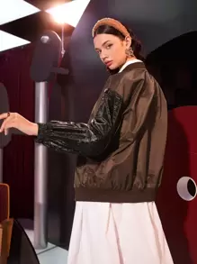 Seusyu Letter Graphic Drop Shoulder Zipper Bomber Jacket - Multicolor - View 2