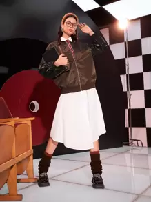 Seusyu Letter Graphic Drop Shoulder Zipper Bomber Jacket - Multicolor - View 7