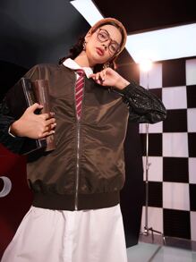 Seusyu Letter Graphic Drop Shoulder Zipper Bomber Jacket - Multicolor - View 8