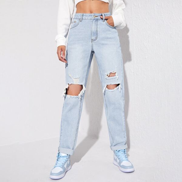 

High-Waisted Ripped Mom Jeans, Light wash