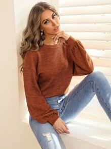 SHEIN Essnce Solid Drop Shoulder Pullover,Long Sleeve Tops - Rust Brown - View 1