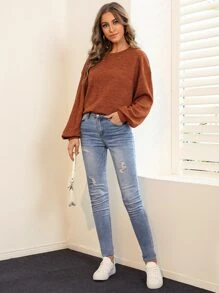 SHEIN Essnce Solid Drop Shoulder Pullover,Long Sleeve Tops - Rust Brown - View 3