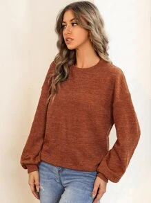 SHEIN Essnce Solid Drop Shoulder Pullover,Long Sleeve Tops - Rust Brown - View 5