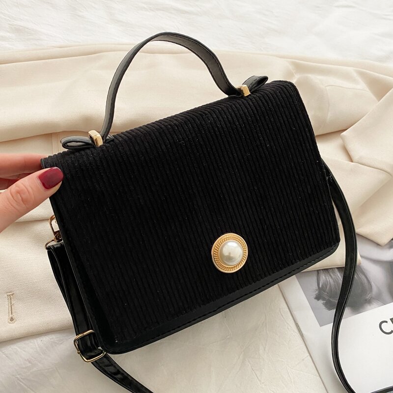 

Faux Pearl Decor Flap Satchel Bag, Black
