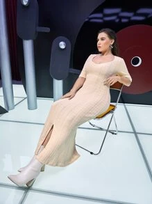 Modelyn Đầm Plus Size Viên lá sen Chia màu trơn Thanh lịch - Màu be - Xem 1