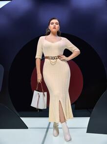 Modelyn Đầm Plus Size Viên lá sen Chia màu trơn Thanh lịch - Màu be - Xem 2