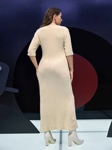 Modelyn Đầm Plus Size Viên lá sen Chia màu trơn Thanh lịch - Màu be - Xem 3