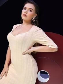 Modelyn Đầm Plus Size Viên lá sen Chia màu trơn Thanh lịch - Màu be - Xem 4