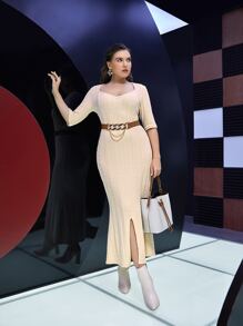 Modelyn Đầm Plus Size Viên lá sen Chia màu trơn Thanh lịch - Màu be - Xem 5