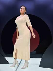 Modelyn Đầm Plus Size Viên lá sen Chia màu trơn Thanh lịch - Màu be - Xem 7