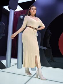 Modelyn Đầm Plus Size Viên lá sen Chia màu trơn Thanh lịch - Màu be - Xem 8
