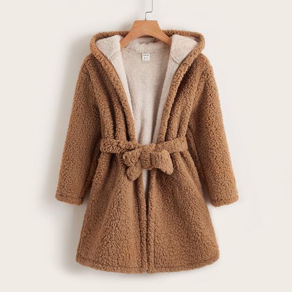 

Girls Solid Belted Hooded Teddy Coat, Khaki