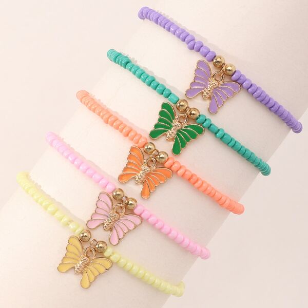 

5pcs Girls Butterfly Charm Beaded Bracelet, Multicolor