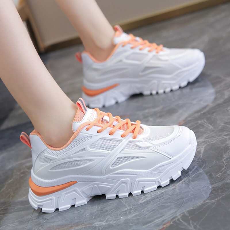 

Lace-up Front Mesh Panel Chunky Sneakers, White