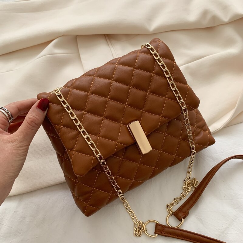 

Quilted Flap Chain Bag, Brown