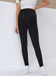 SHEIN Quần & Quần Leggings Bà bầu Thắt nút màu trơn Giải trí - màu đen - Xem 5