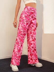 SHEIN Heart Print Flare Leg Trousers - Pink - View 3