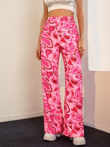 SHEIN Heart Print Flare Leg Trousers - Pink - View 5