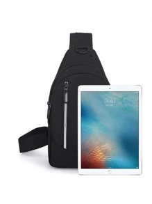 Mini Men Earphone Hole Zip Sling Bag Chest Bag - Black - View 4