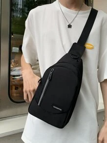 Mini Men Earphone Hole Zip Sling Bag Chest Bag - Black - View 7