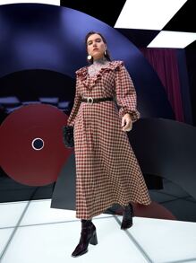 Mulvari Plus Mock Neck Floral & Gingham Print Ruffle Trim Dress Without Belt - Multicolor - View 2