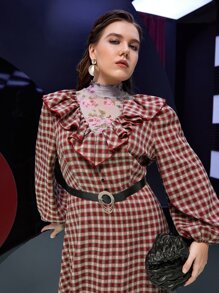 Mulvari Plus Mock Neck Floral & Gingham Print Ruffle Trim Dress Without Belt - Multicolor - View 3